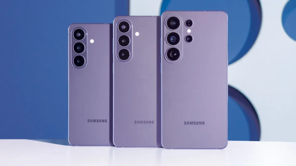 Three Galaxy S26 phones in cobalt violet, seen from the back