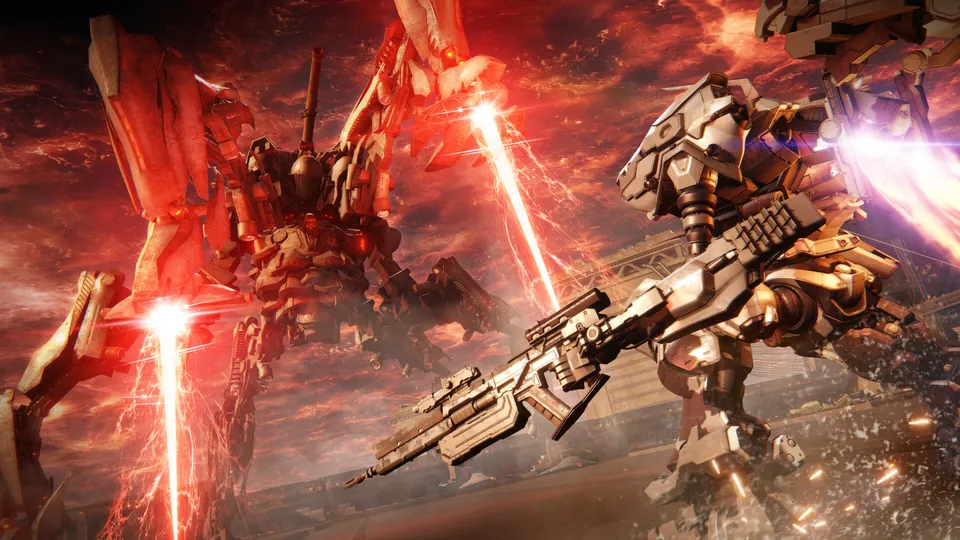 A tan mech with a rifle faces a giant red machine firing laser beams under a burning sky in Armored Core VI: Fires of Rubicon