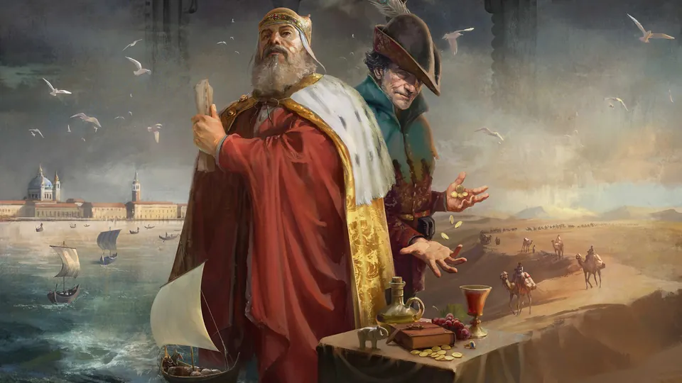 Silk & Silver key art with an elderly bearded man in a jeweled cap and red robe holding a scroll, a man in a plumed hat dropping gold coins and a camel caravan