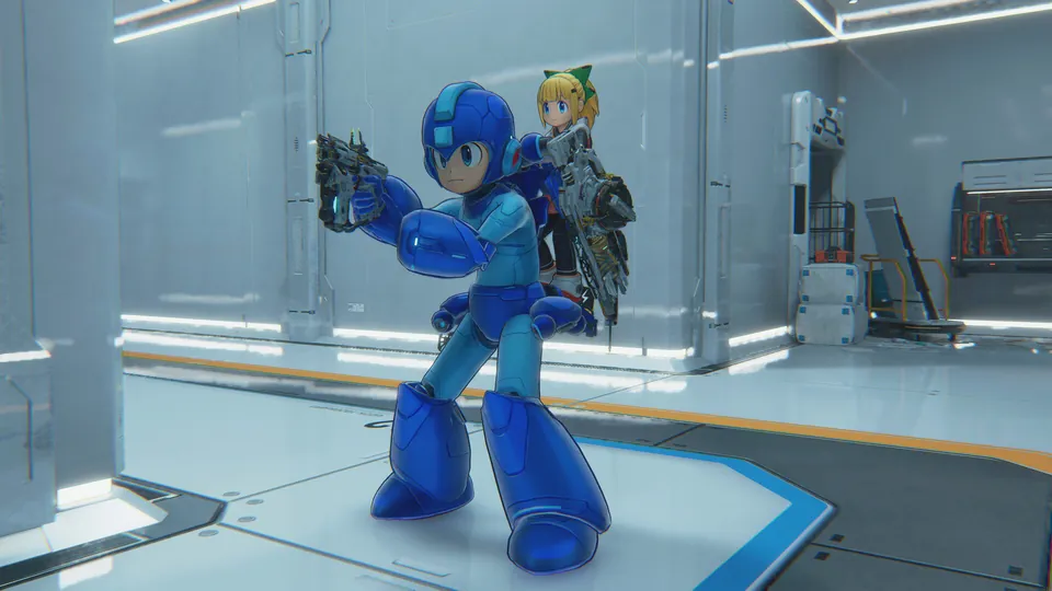 Hugh in a glossy blue Mega Man suit aims a gun while Diana rides on Hugh's back in Pragmata's Mega Man Pack