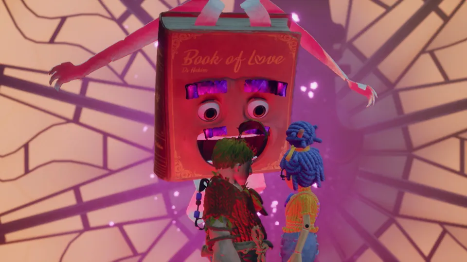 Dr. Hakim, the talking Book of Love, looms over Cody and May in a swirl of pink light in It Takes Two on Nintendo Switch 2