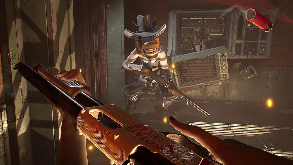 A robot in a cowboy hat aims a rifle in a cluttered room in Judas