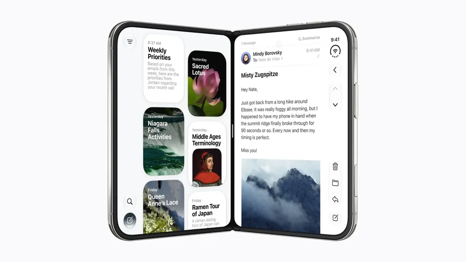 An unfolded iPhone Duo showing Siri suggestions on the left and an email in Mail on the right