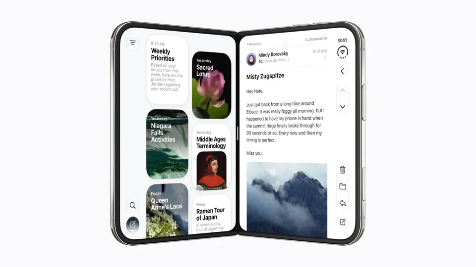 An unfolded iPhone Duo showing Siri suggestions on the left and an email in Mail on the right