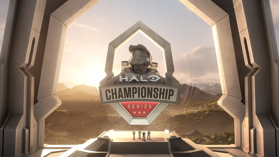 Halo Championship Series logo above a stage in a sunlit arena