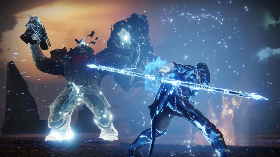 A Guardian with a glowing blue spear faces a giant Arc-charged enemy under a starry sky in Destiny 2