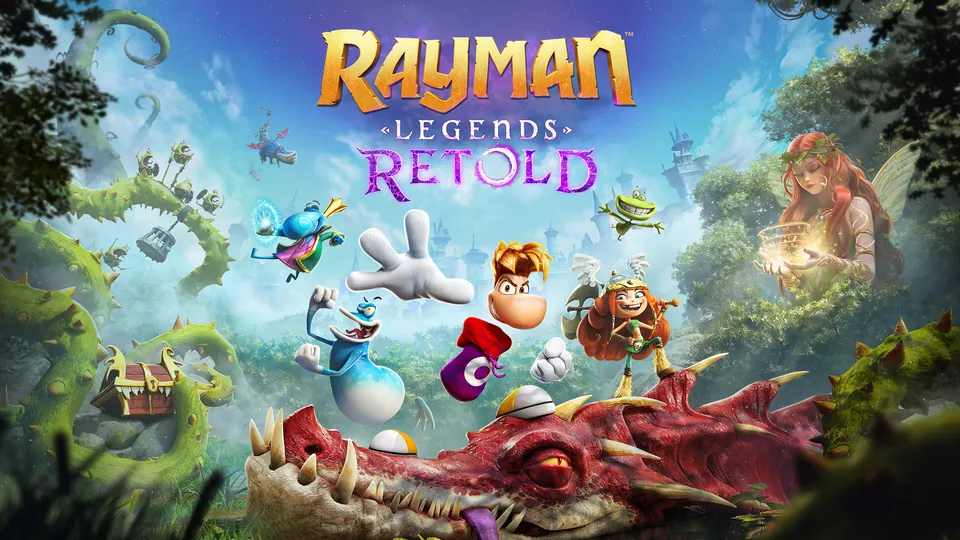 Rayman, Globox and Barbara pose over a giant red dragon head among thorny vines as a fairy watches in Rayman Legends Retold key art