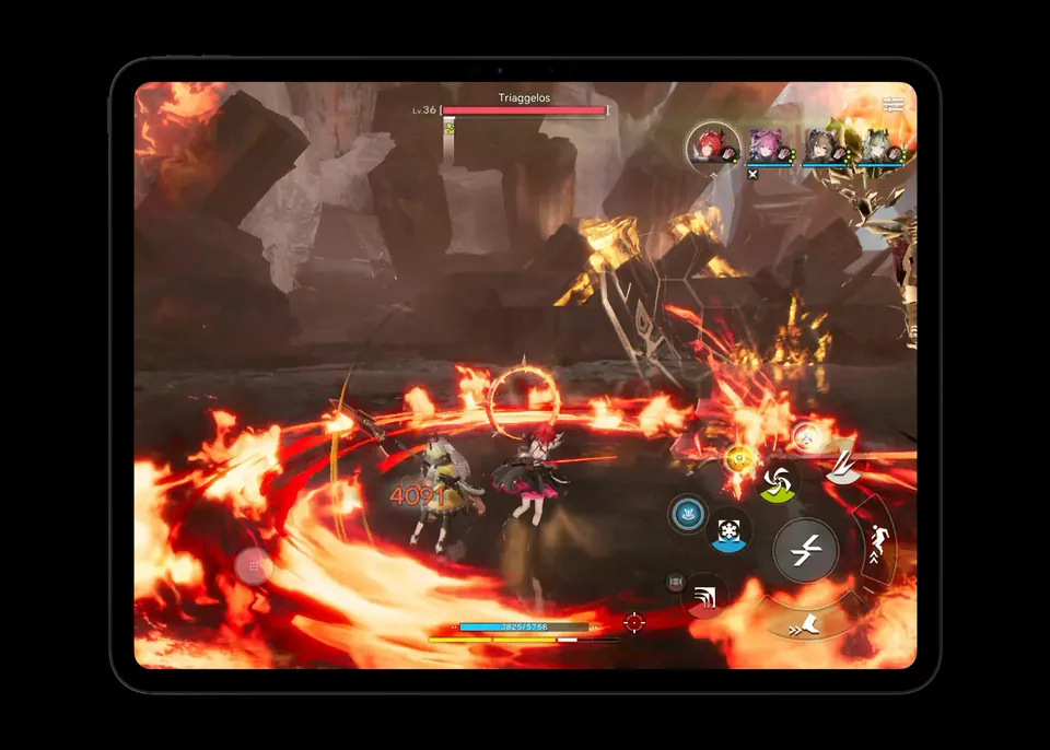 Arknights: Endfield running on the iPad Pro with M5, with a fiery battle on screen