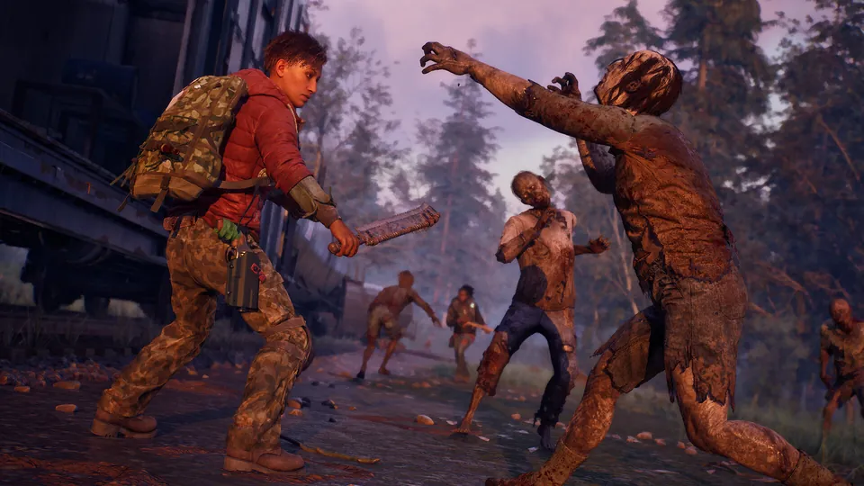 A survivor with a homemade blade fights a group of zombies near a railroad in State of Decay 3