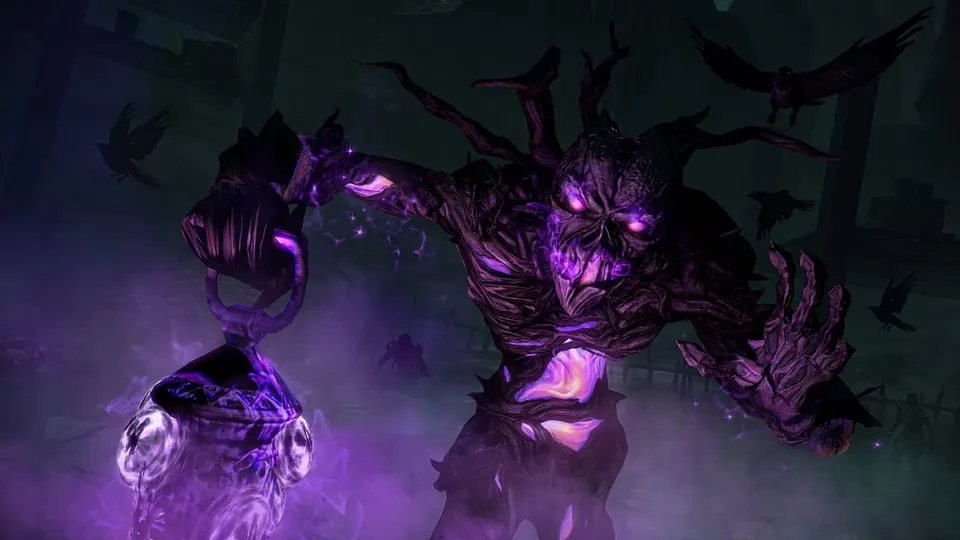 Lord Hollowjack, a twisted purple tree creature with glowing eyes, rising among crows in The Elder Scrolls Online