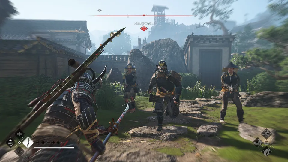 A samurai with a spear faces three armed soldiers in a castle courtyard