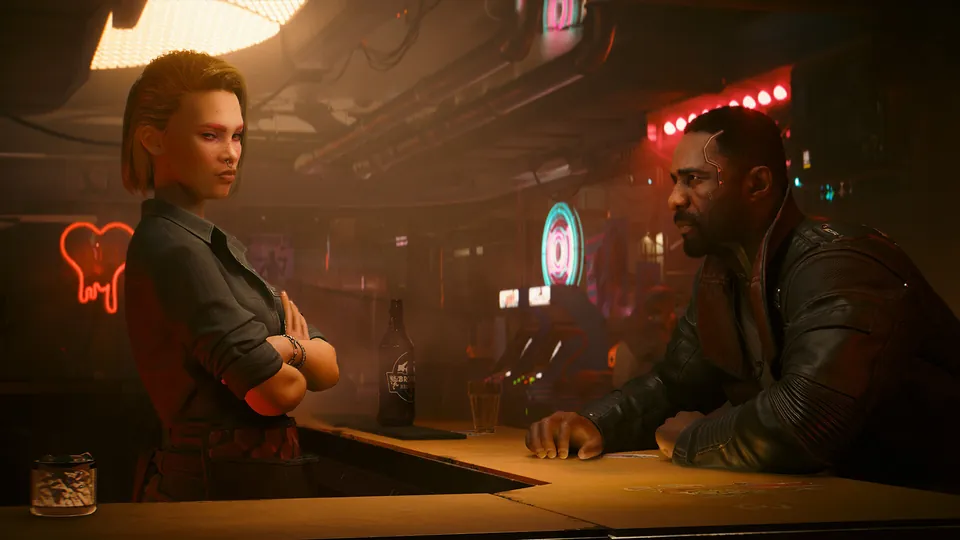 Solomon Reed talks with an agent across a neon-lit bar counter in Cyberpunk 2077: Phantom Liberty