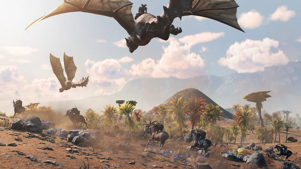 Riders on winged creatures fly over a herd of beasts crossing a dusty savanna in Light No Fire