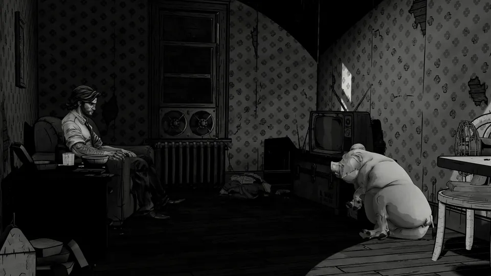 A dim apartment shown in black and white, with Bigby slumped in a chair and a pig standing by a TV