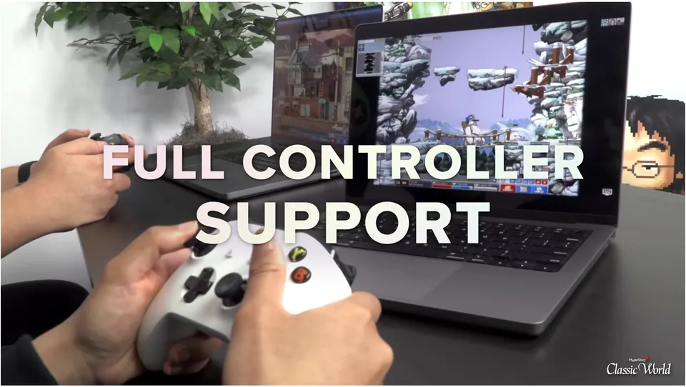 A player holds an Xbox controller in front of a laptop running MapleStory Classic World, with the words full controller support
