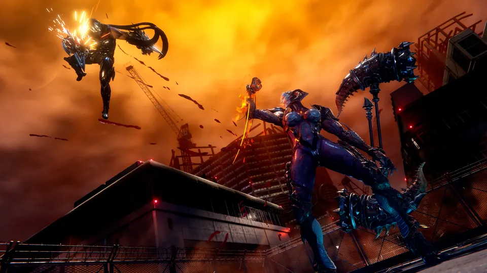 Two ninjas leap at each other above rooftops under an orange sky