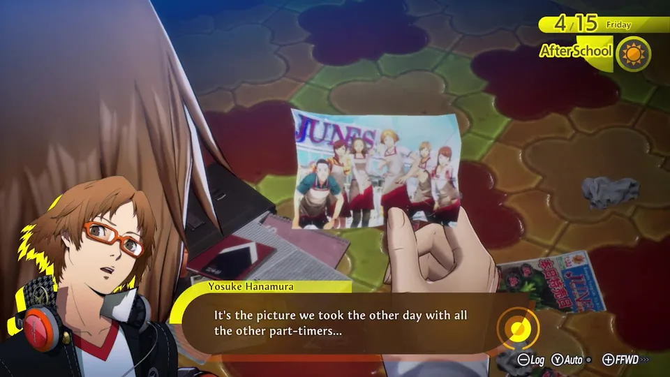 Yosuke Hanamura holds up a photo of the Junes part-timers in an after-school scene from the Switch 2 trailer