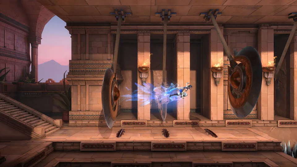 Sargon dashes past swinging blades in a temple hall in Prince of Persia: The Lost Crown