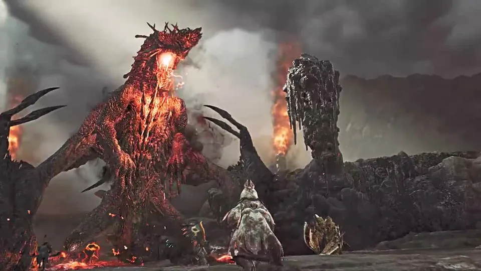 A fiery red monster and a stone-skinned beast loom over a hunter amid lava and smoke in Monster Hunter Wilds