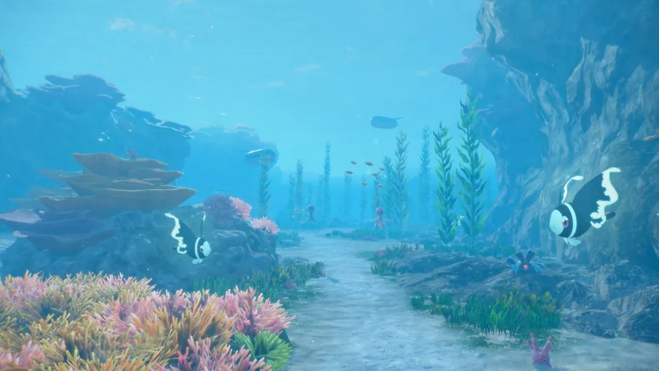 An underwater path through coral, kelp and swimming Pokémon