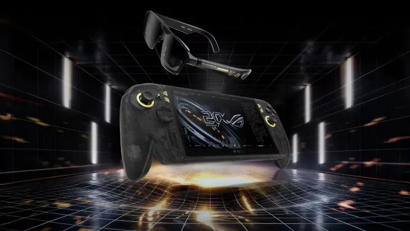 The ROG Xbox Ally X20 below a pair of ROG XREAL AR glasses on a glowing grid