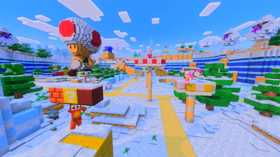 A snowy Minecraft world built from Super Mario blocks, with a giant Toad statue and question blocks