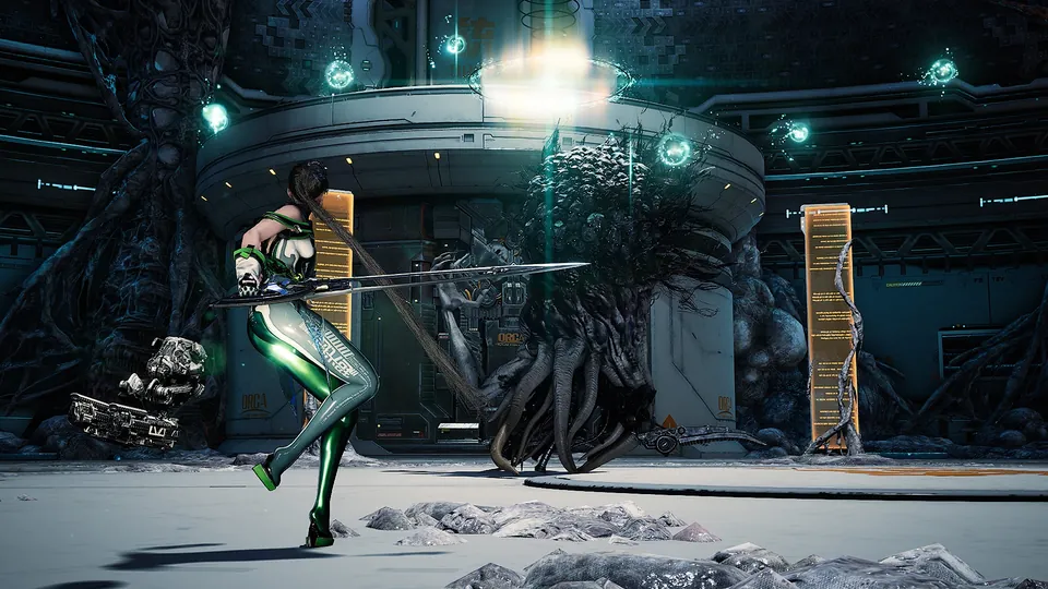 EVE swings a sword at a tangled creature inside a high-tech facility in Stellar Blade