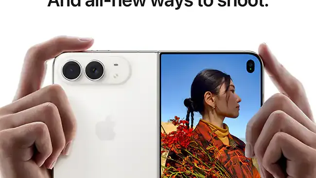 Two hands hold a star white iPhone Duo open, with the dual camera on one half and a portrait photo on the other
