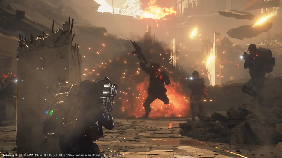 A porter in heavy gear fires into an explosion of sparks as armed soldiers charge through a burning ruin in Death Stranding 2: On the Beach