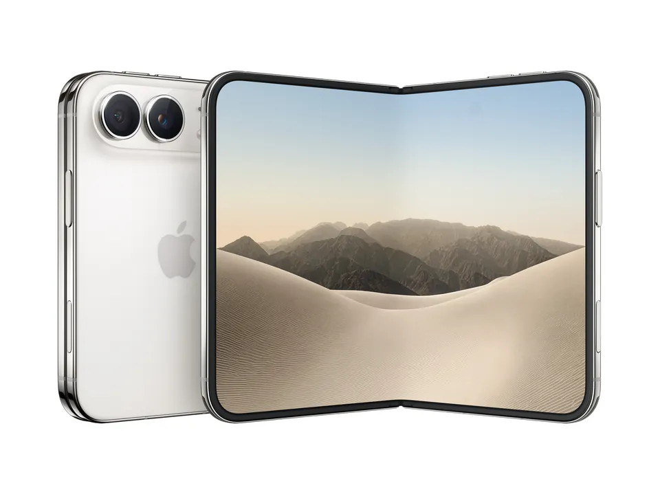 A star white iPhone Duo half open, its white back and silver titanium frame beside the inner screen