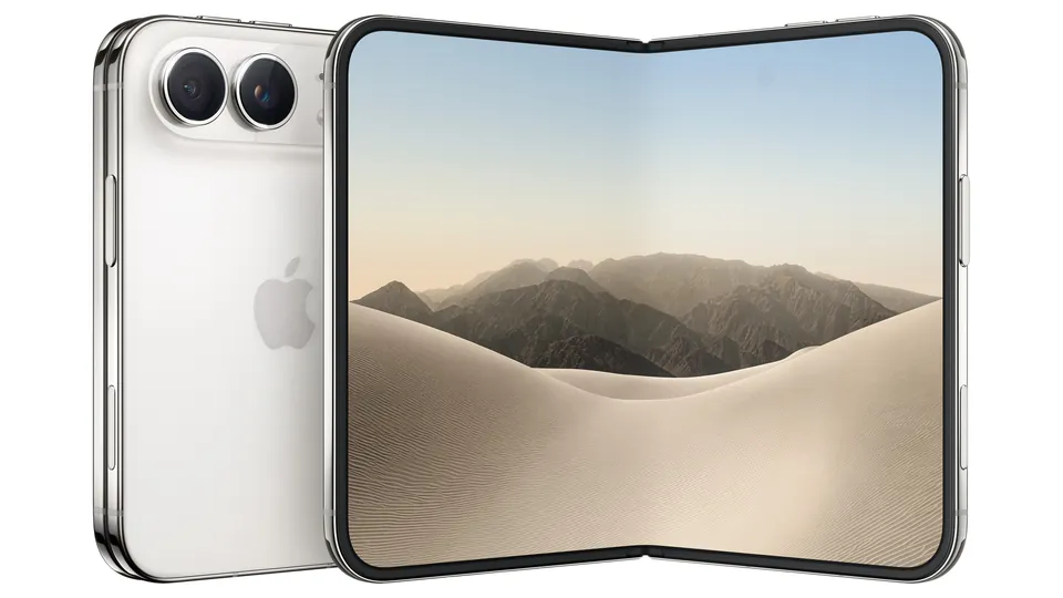 A star white iPhone Duo half open, its white back and silver titanium frame beside the inner screen