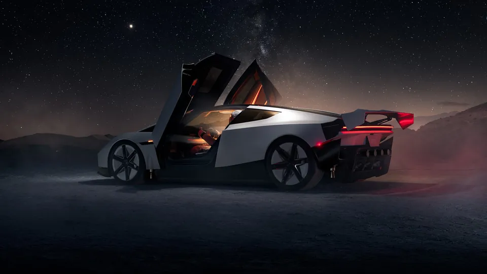 The white new Tesla Roadster with its doors and rear wing raised in a desert under a night sky