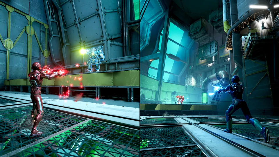 Split-screen view of Mio and Zoe in armored suits fighting robots inside a sci-fi factory in Split Fiction.