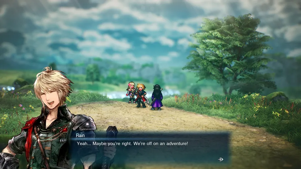 Rain smiles beside a dialogue box as the party walks down a grassy road in Final Fantasy Resonance's HD-2D style