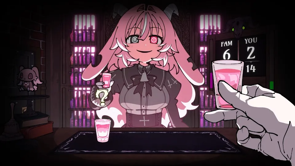 A pink-haired demon with horns sits behind a bar as a hand raises a pink shot glass toward the viewer