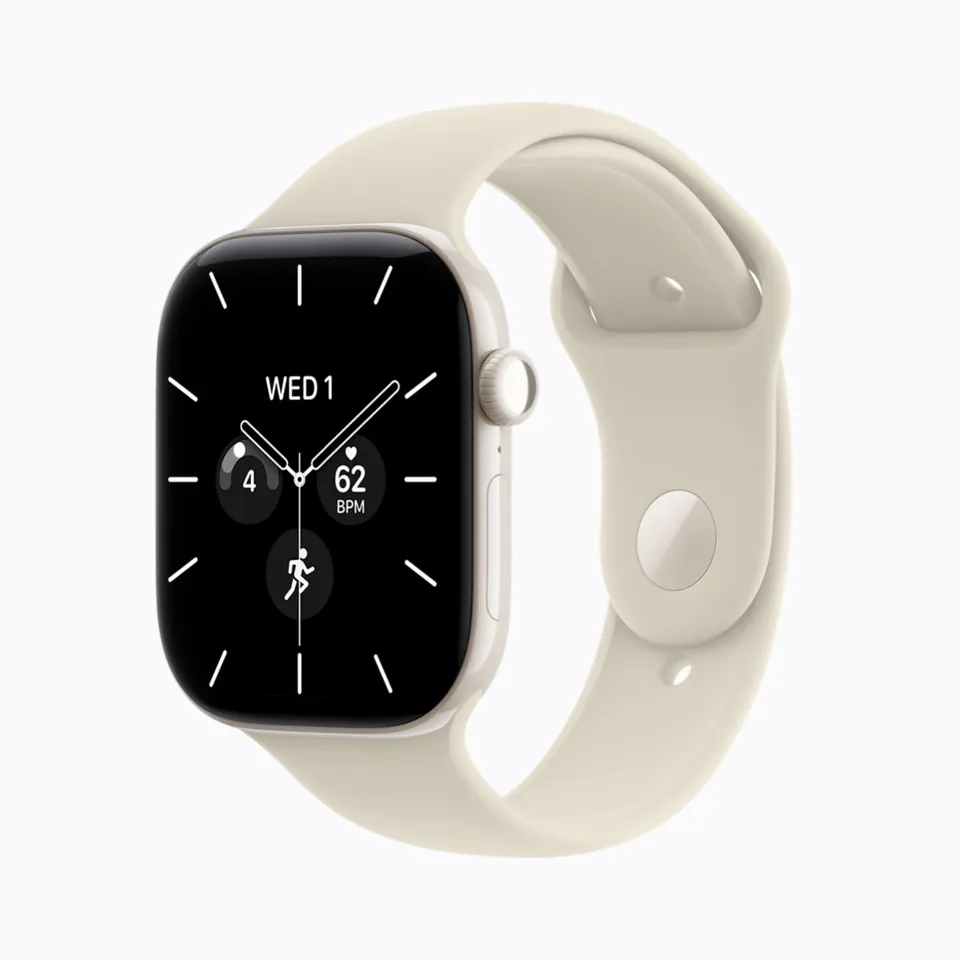 Apple Watch Series 12 in white ceramic with a sand Sport Band