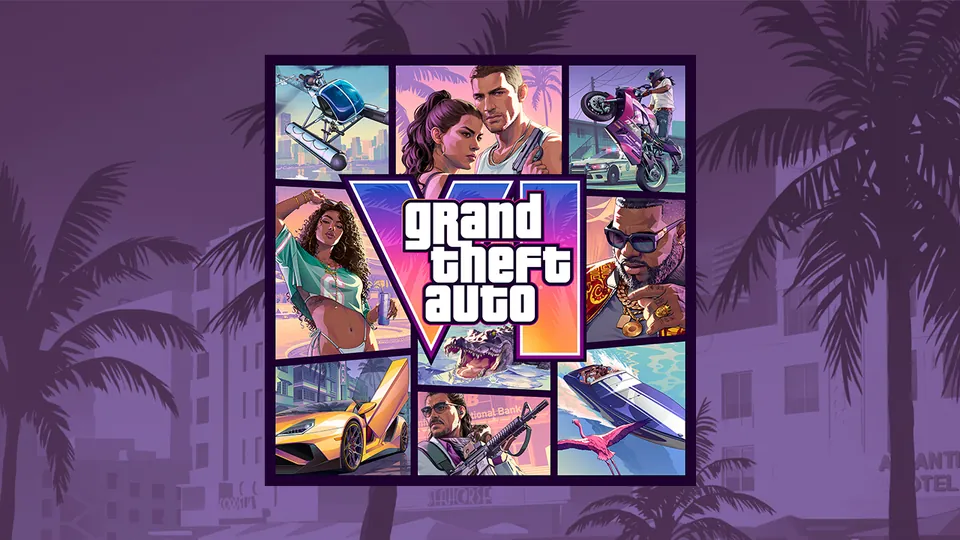 The Grand Theft Auto VI Standard Edition cover art on a purple Vice City background
