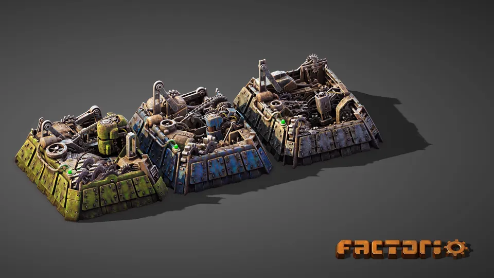 Three redesigned Factorio assembling machines side by side on a gray background
