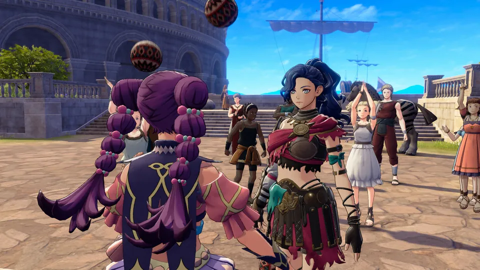 A group of characters in new outfits gathers in a sunny plaza outside an arena