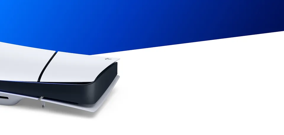 Side view of a white PS5 console with a black center panel against a blue background