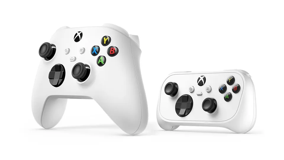 The Xbox Nano Controller next to a standard Xbox Wireless Controller, for size