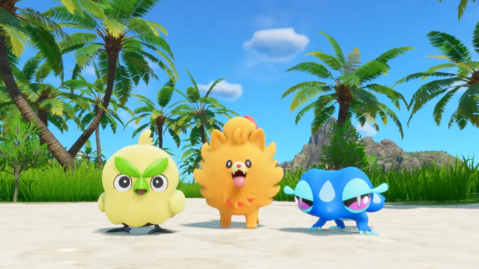 Browt, Pombon and Gecqua, the three first partner Pokémon, on a palm-lined beach