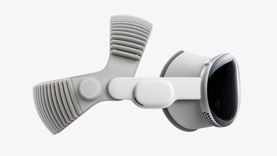 Apple Vision Pro with the gray Dual Knit Band, seen from the side