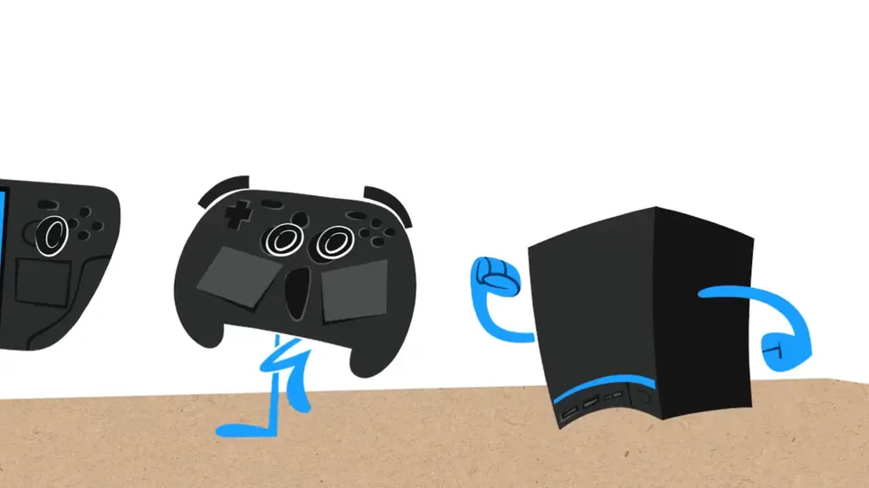 A cartoon of Steam Deck, Steam Controller, Steam Machine and Steam Frame walking in a row