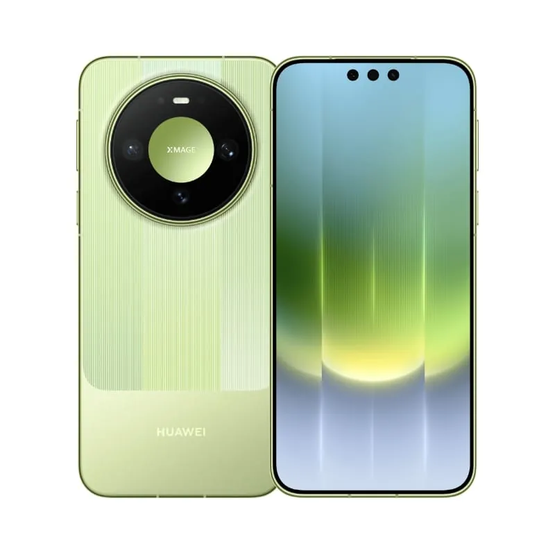 The standard Huawei Mate 90 in light green, from the back and the front
