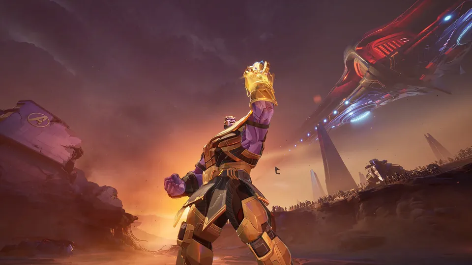 Thanos raising the golden Infinity Gauntlet under a purple sky as a red warship hovers over a rocky battlefield