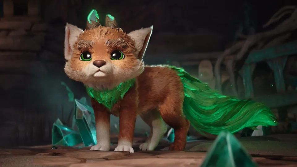 A small furry spirit with a green leafy tail stands among crystals in Kena: Scars of Kosmora