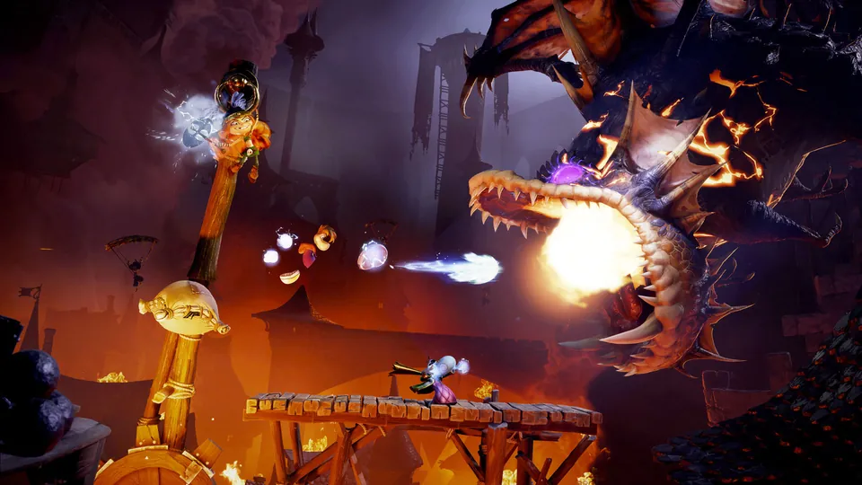Rayman and friends dodge fireballs from a huge spiked dragon on a wooden bridge inside a burning castle in Rayman Legends Retold