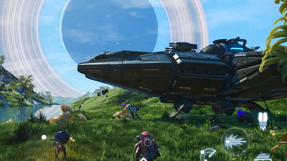 A large starship parked on a green alien meadow under a ringed planet, with touch controls on screen, in No Man's Sky on iPad