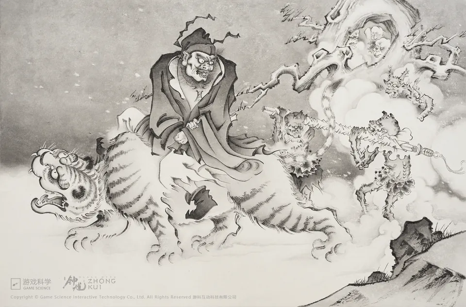 Ink concept art of Zhong Kui riding a striped tiger while small demons swirl through the clouds